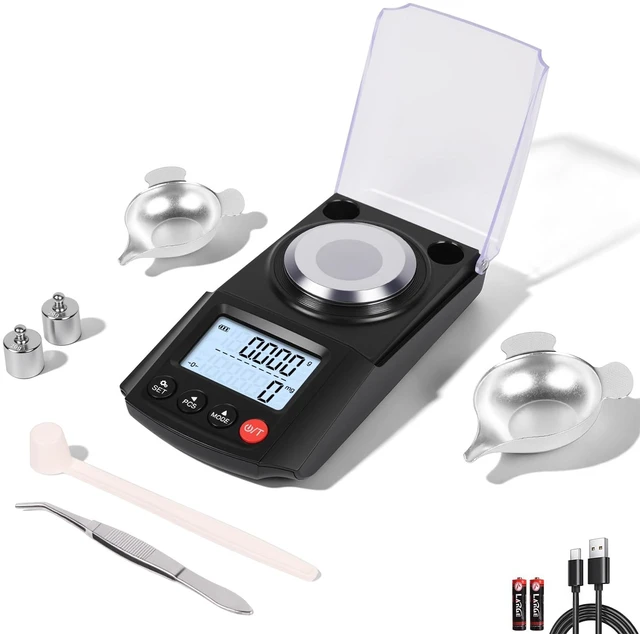 Main image of Milligram Scale 50g/0.001g, Reloading Grain Scale for Powder, Jewelry | 0.001g Readability, 3-Color Target Alert, PCS Counting, 9 Display Modes, USB-C or AAA, 2x20g Calibration Weights, Tweezer