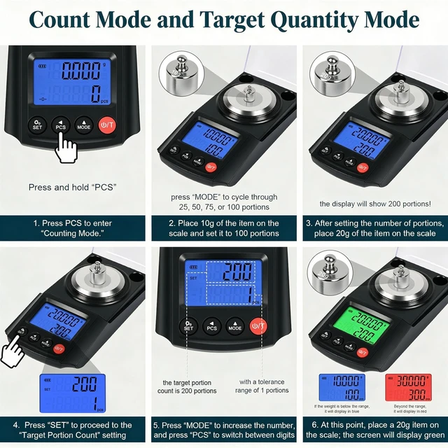 Alt view image 6 of 7 - Milligram Scale 50g/0.001g, Reloading Grain Scale for Powder, Jewelry | 0.001g Readability, 3-Color Target Alert, PCS Counting, 9 Display Modes, USB-C or AAA, 2x20g Calibration Weights, Tweezer