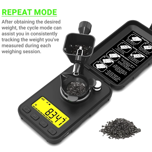 Alt view image 3 of 7 - Reloading Scale 50g/0.001g with Powder Trickler and 3 Backlight Modes | Milligram Scale with Repeat Mode, Tare, Counting, 6 Units, USB/Battery, Tray, Tweezers, Scoop, 2 x 20g Calibration Weights