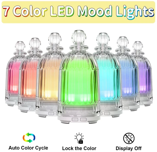 Alt view image 3 of 7 - Glass Essential Oil Diffuser, Aroma Diffusers with Glass Cover & Plastic Reservoir Small Humidifiers with 7 Color LED Lights Auto-Off for Home Office Bedroom Yoga 120ml(White Bottom)