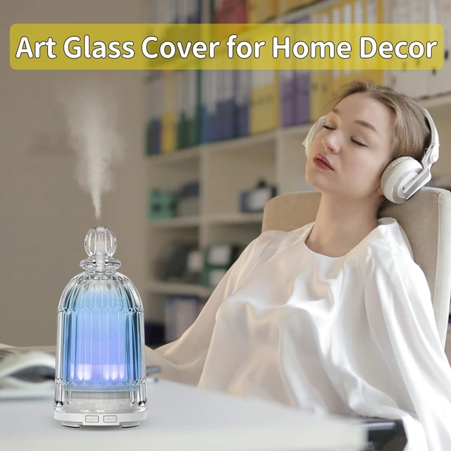Alt view image 5 of 7 - Glass Essential Oil Diffuser, Aroma Diffusers with Glass Cover & Plastic Reservoir Small Humidifiers with 7 Color LED Lights Auto-Off for Home Office Bedroom Yoga 120ml(White Bottom)