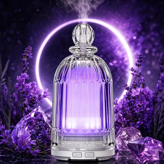 Alt view image 2 of 7 - Glass Essential Oil Diffuser, Aroma Diffusers with Glass Cover & Plastic Reservoir Small Humidifiers with 7 Color LED Lights Auto-Off for Home Office Bedroom Yoga 120ml(White Bottom)