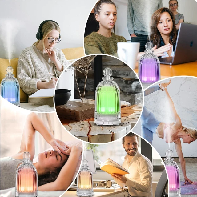 Alt view image 7 of 7 - Glass Essential Oil Diffuser, Aroma Diffusers with Glass Cover & Plastic Reservoir Small Humidifiers with 7 Color LED Lights Auto-Off for Home Office Bedroom Yoga 120ml(White Bottom)