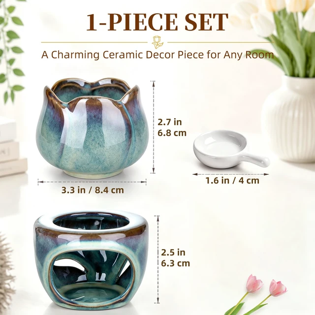 Alt view image 4 of 7 - Oil Burner Wax Melt Warmer 6 oz, Ceramic Candle Diffuser, Retro Gift | Essential Oil Aromatherapy, Scented Wax Melts, Pull-Out Tea Light Tray, Bedroom Home Decor, Spa and Yoga, Artisan Style