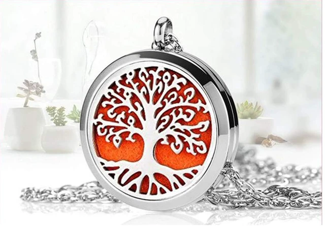 Alt view image 5 of 6 - Aromatherapy Essential Oil Diffuser Necklace Tree of Life Pattern Stainless Steel Locket Pendant
