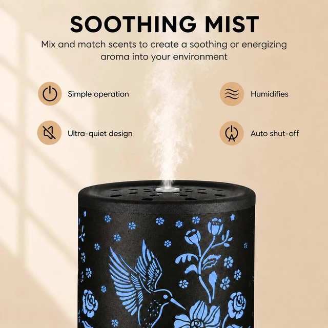 Alt view image 3 of 7 - Metal Essential Oil Diffuser for HomeAromatherapy Humidifier | Waterless Auto-Off, 7 Color LED Lights, Quiet Cool Mistfor Bedroom, Living Room, OfficeGift for Mom Women (Hummingbird)
