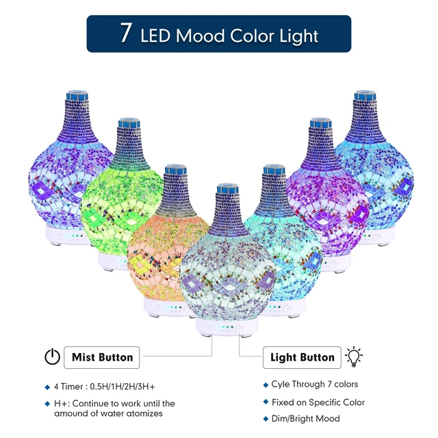 Alt view image 2 of 6 - Mosaic Glass Essential Oil Diffuser,Tiffany Aromatherapy Diffuser 100ml Turkish Moroccan Color Changing Aroma Ultrasonic Diffusers Cool Mist Air Diffuser for Sleeping SPA Office Home