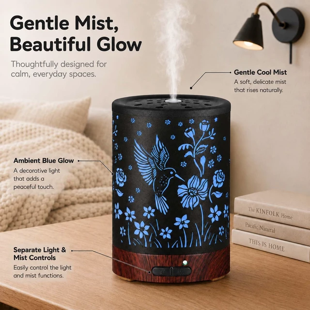 Alt view image 4 of 7 - Metal Essential Oil Diffuser for HomeAromatherapy Humidifier | Waterless Auto-Off, 7 Color LED Lights, Quiet Cool Mistfor Bedroom, Living Room, OfficeGift for Mom Women (Hummingbird)