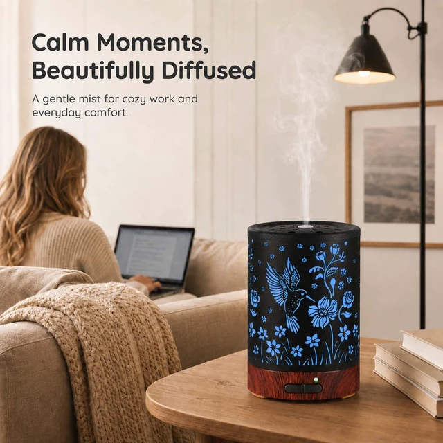 Alt view image 5 of 7 - Metal Essential Oil Diffuser for HomeAromatherapy Humidifier | Waterless Auto-Off, 7 Color LED Lights, Quiet Cool Mistfor Bedroom, Living Room, OfficeGift for Mom Women (Hummingbird)