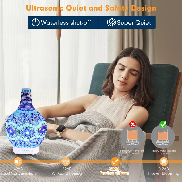Alt view image 4 of 6 - Mosaic Glass Essential Oil Diffuser,Tiffany Aromatherapy Diffuser 100ml Turkish Moroccan Color Changing Aroma Ultrasonic Diffusers Cool Mist Air Diffuser for Sleeping SPA Office Home