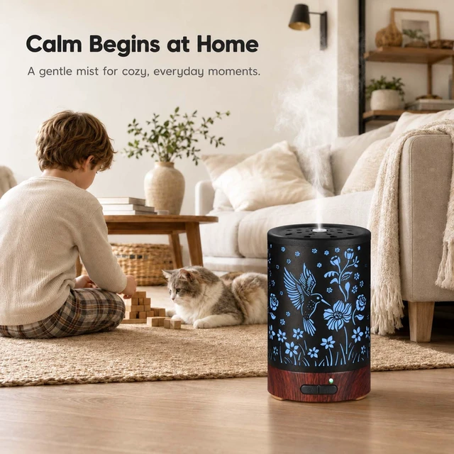 Alt view image 6 of 7 - Metal Essential Oil Diffuser for HomeAromatherapy Humidifier | Waterless Auto-Off, 7 Color LED Lights, Quiet Cool Mistfor Bedroom, Living Room, OfficeGift for Mom Women (Hummingbird)