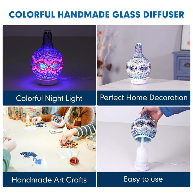 Alt view image 5 of 6 - Mosaic Glass Essential Oil Diffuser,Tiffany Aromatherapy Diffuser 100ml Turkish Moroccan Color Changing Aroma Ultrasonic Diffusers Cool Mist Air Diffuser for Sleeping SPA Office Home