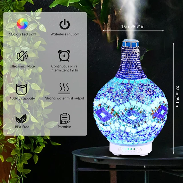 Alt view image 3 of 6 - Mosaic Glass Essential Oil Diffuser,Tiffany Aromatherapy Diffuser 100ml Turkish Moroccan Color Changing Aroma Ultrasonic Diffusers Cool Mist Air Diffuser for Sleeping SPA Office Home