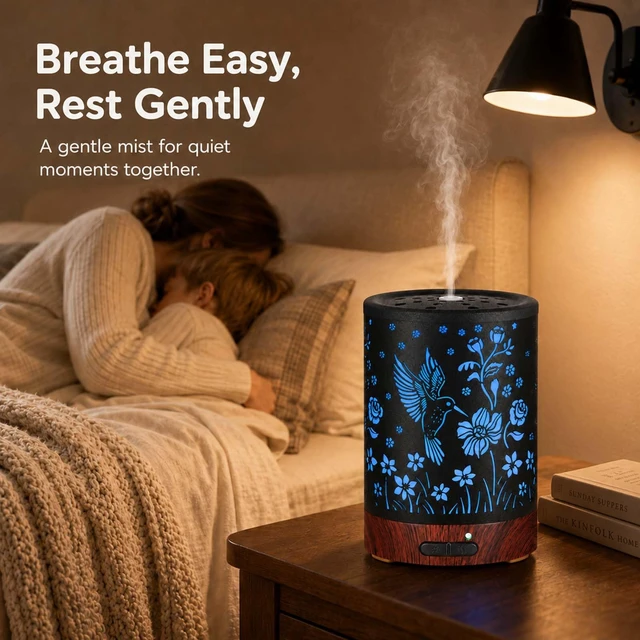 Alt view image 7 of 7 - Metal Essential Oil Diffuser for HomeAromatherapy Humidifier | Waterless Auto-Off, 7 Color LED Lights, Quiet Cool Mistfor Bedroom, Living Room, OfficeGift for Mom Women (Hummingbird)