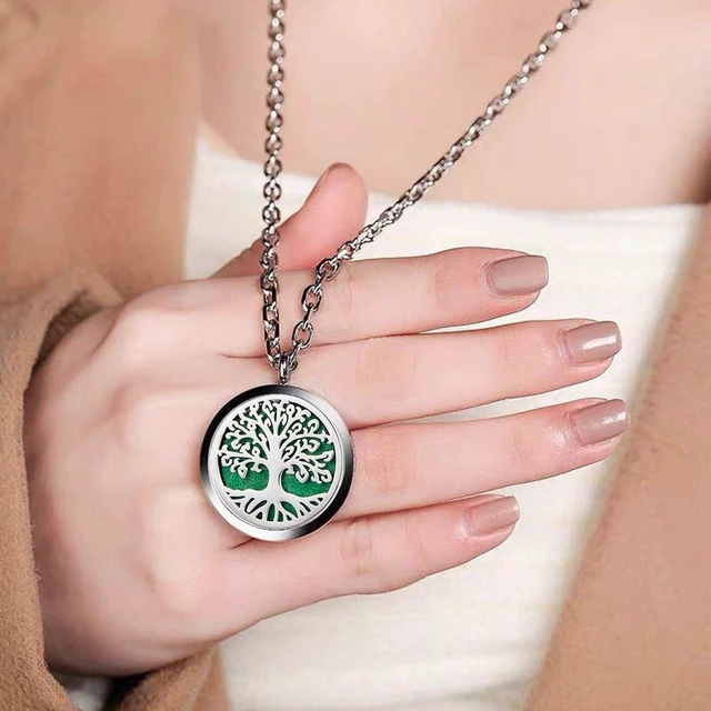 Alt view image 6 of 6 - Aromatherapy Essential Oil Diffuser Necklace Tree of Life Pattern Stainless Steel Locket Pendant
