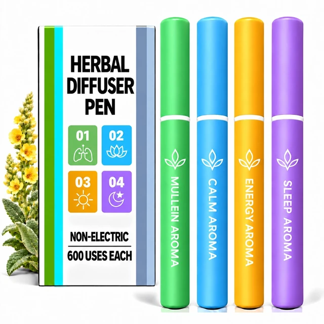 Main image of Herbal Diffuser Pen, Non-Electric Mullein Botanical Aroma Sticks 4 Pack | Four Botanical Aroma Profiles for Adult Personal Use, Portable for Home, Office, Travel and Gym, Up to 600 Uses Each