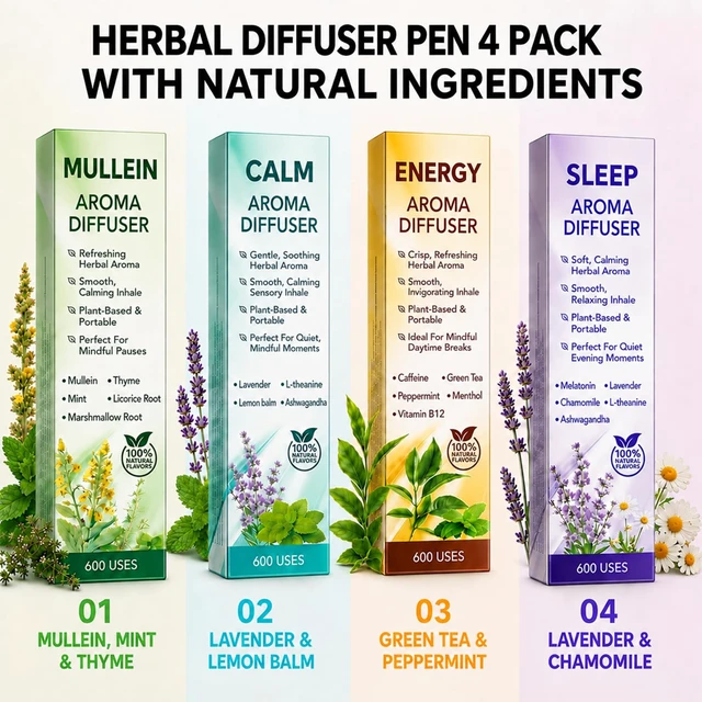 Alt view image 2 of 7 - Herbal Diffuser Pen, Non-Electric Mullein Botanical Aroma Sticks 4 Pack | Four Botanical Aroma Profiles for Adult Personal Use, Portable for Home, Office, Travel and Gym, Up to 600 Uses Each