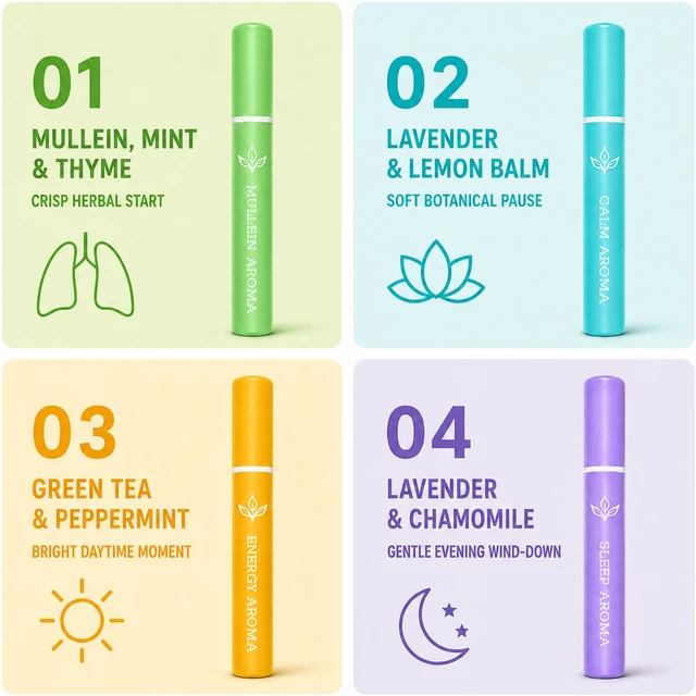 Alt view image 5 of 7 - Herbal Diffuser Pen, Non-Electric Mullein Botanical Aroma Sticks 4 Pack | Four Botanical Aroma Profiles for Adult Personal Use, Portable for Home, Office, Travel and Gym, Up to 600 Uses Each