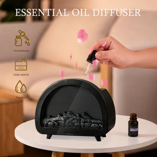 Alt view image 3 of 6 - 2026 Upgraded 12 Color Flame Fireplace Aroma Essential Oil Diffuser,250ml USB Desktop Noiseless Cool Mist Humidifier with Timer Auto-Off Protection for Home,Office, Gift (Black, Arched)