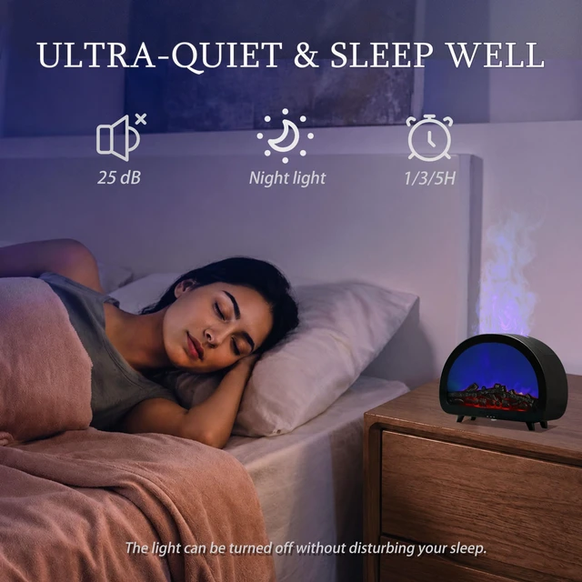 Alt view image 5 of 6 - 2026 Upgraded 12 Color Flame Fireplace Aroma Essential Oil Diffuser,250ml USB Desktop Noiseless Cool Mist Humidifier with Timer Auto-Off Protection for Home,Office, Gift (Black, Arched)