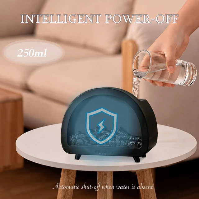 Alt view image 6 of 6 - 2026 Upgraded 12 Color Flame Fireplace Aroma Essential Oil Diffuser,250ml USB Desktop Noiseless Cool Mist Humidifier with Timer Auto-Off Protection for Home,Office, Gift (Black, Arched)