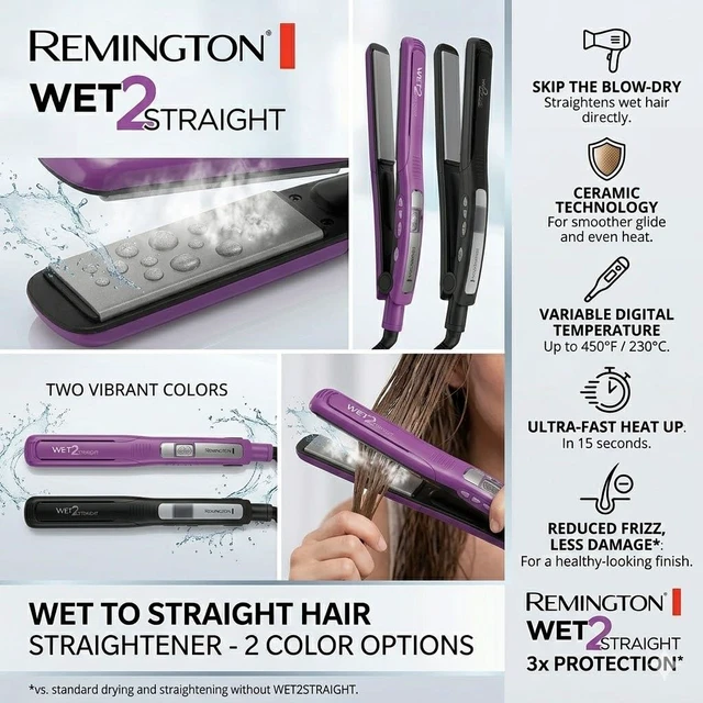 Alt view image 5 of 7 - Wet 2 Straight Hair Straightener 1- Inch Flat Iron with Ceramic Tourmaline Plates. 390 F High Heat & Digital Controls Purple