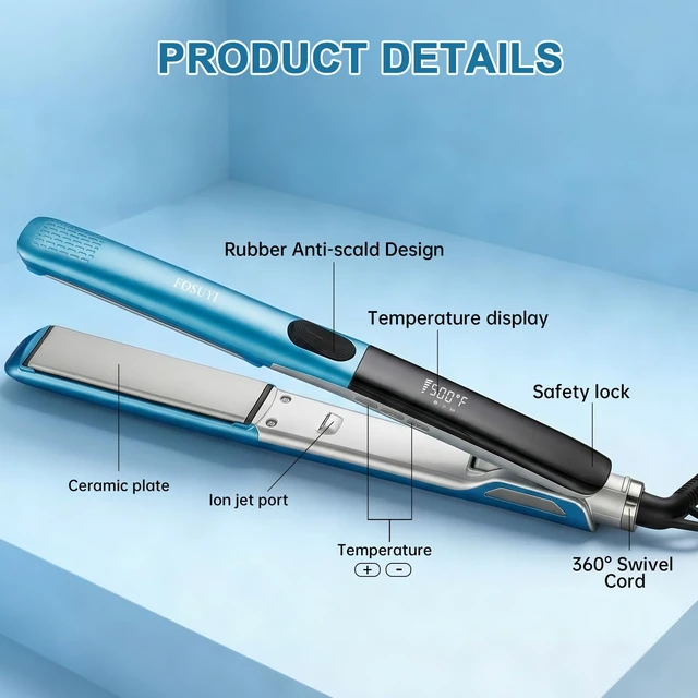 Alt view image 7 of 7 - 500 Degree High Temp Professional Hair Straightener, 30s Fast Heating Ceramic 2 in 1 Flat Iron, Negative Ion Straightener & Curler for Frizz-Free Hair, Dual Voltage Travel Styling Tool, 1 Inch