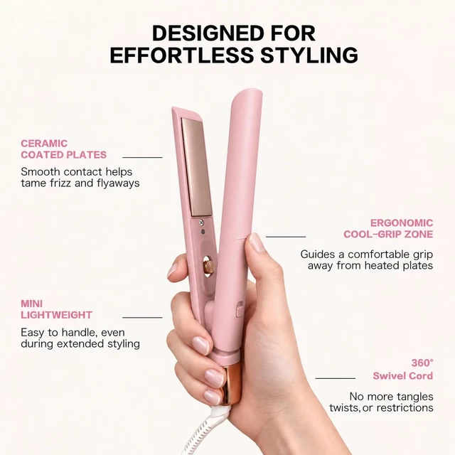 Alt view image 5 of 7 - Mini Hair Straightener Flat Iron 0.8 Inch, Small Travel Dual Voltage Pink | Temperature 360-420 with fast PTC heating for fine, normal, thick, or heat-sensitive hair, Dual Voltage 100240V Design