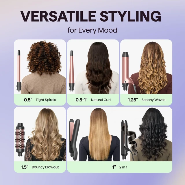 Alt view image 2 of 7 - 5 in 1 Curling Iron with Thermal Brush,Flat Iron,Versatile Styling | Interchangeable Curling Iron Set(0.5-1.25"), Ceramic Curling Iron, Less Damage, Fast Heating Wand Curling Iron, Dual Voltage