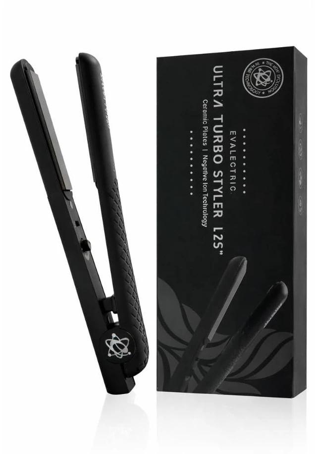 Main image of Ultra Turbo 1.25 Inch Ceramic Flat Iron - Dual Voltage - Black | Ceramic Floating Plates - Negative Ion Technology - Heats upto 460 F - Travel Friendly Hair Straightener