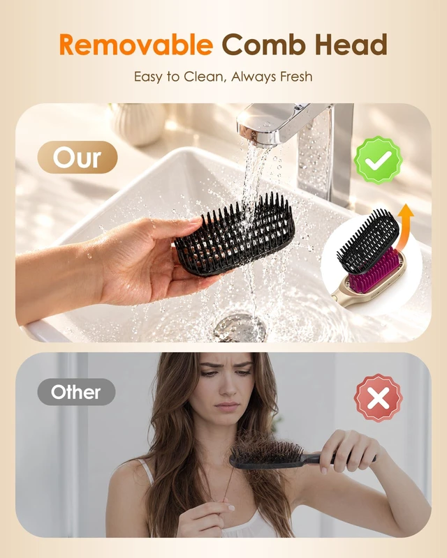 Alt view image 2 of 7 - 1000M Ionic Hair Straightener Brush, Dual Voltage Straightening Brush Women | 1000M Negative Ions | Detachable Head | 20s Fast Heat | Temperature Control | Ceramic Anti-Frizz Bristles | Thick