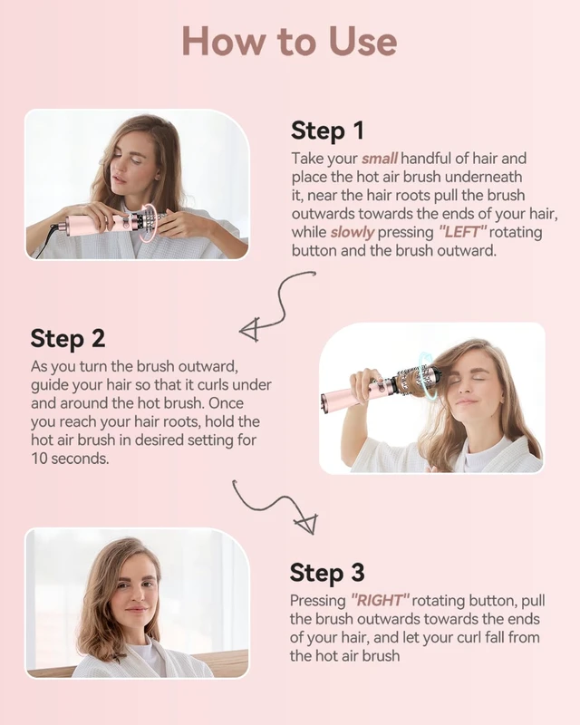 Alt view image 6 of 6 - Rotating Hair Dryer Brush Ceramic, Blow Dryer Brush 2 Spin Brushes Set 1.5 Inch &2 Inch, One-Step Hot Air Brush Volumizer, Smooth, C-Curls|Pink