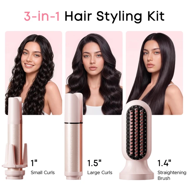 Alt view image 2 of 7 - 3 in 1 Automatic Curling Iron, 1"-1.5" Barrels & Straightening Brush | Interchangeable Curling Wand Set, 3 Temp & Timer Settings, 20s Heating, 200M Ions, Anti-Scald, Dual Voltage, Gift for Her