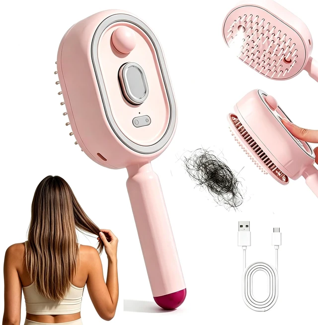 Main image of Women Electric Spray Air Cushion Massage Hair Comb, SelfCleaning AntiTangle AntiStatic Volumizing Brush, for Frizz Control Smooth Shine Daily Hair Care(Pink)