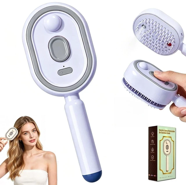 Main image of Electric Mist Air Cushion Comb, SelfCleaning Spray Hair Brush | refillable mist tank, retractable selfclean bristles, scalp massage, smooth dry hair, for home salon care & onthego use