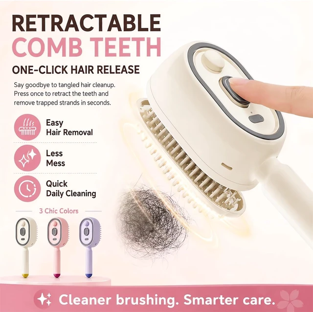Alt view image 3 of 7 - Electric Mist Air Cushion Comb, SelfCleaning Spray Hair Brush | refillable mist tank, retractable selfclean bristles, scalp massage, smooth dry hair, for home salon care & onthego use