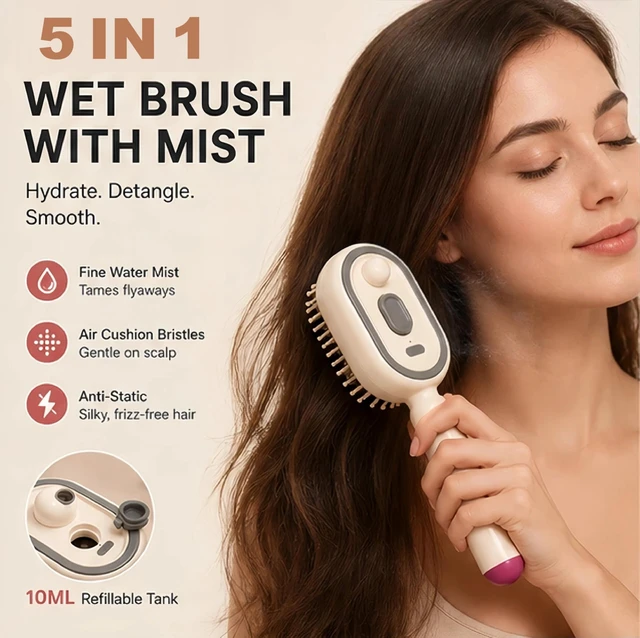 Alt view image 2 of 7 - Electric Mist Air Cushion Comb, SelfCleaning Spray Hair Brush | refillable mist tank, retractable selfclean bristles, scalp massage, smooth dry hair, for home salon care & onthego use