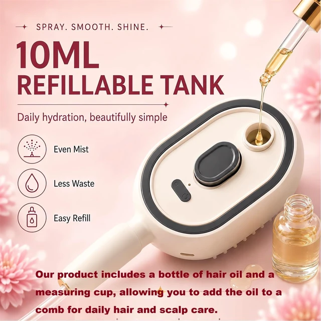 Alt view image 5 of 7 - Electric Mist Air Cushion Comb, SelfCleaning Spray Hair Brush | refillable mist tank, retractable selfclean bristles, scalp massage, smooth dry hair, for home salon care & onthego use