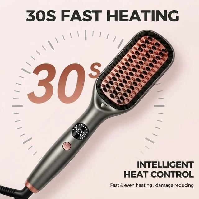Alt view image 3 of 7 - Hair Straightener Brush Grey Hot Comb 110-240V Global Travel | 30s Fast Heating, Dual Voltage, Rotatable Power Cord, Negative Ionic Dense Bristles, Suitable for Various Hair Types