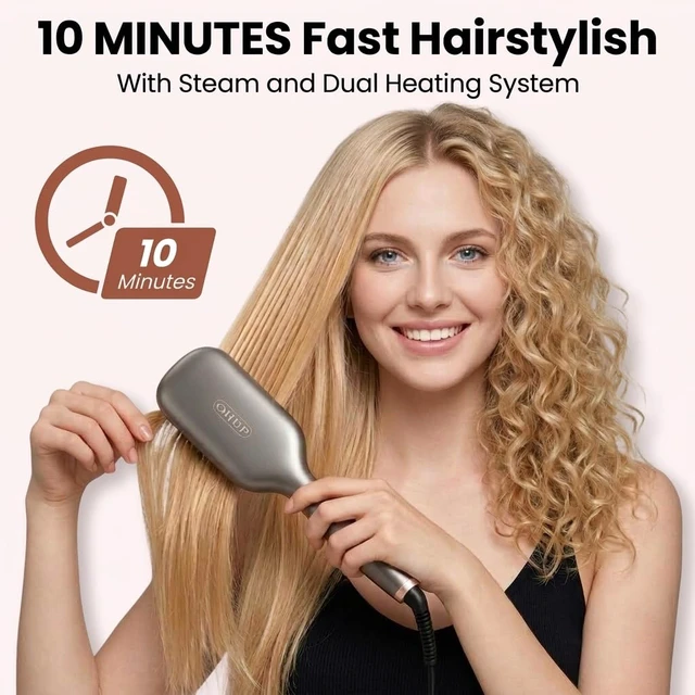 Alt view image 2 of 7 - Hair Straightener Brush Grey Hot Comb 110-240V Global Travel | 30s Fast Heating, Dual Voltage, Rotatable Power Cord, Negative Ionic Dense Bristles, Suitable for Various Hair Types