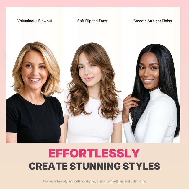 Alt view image 2 of 7 - 5-in-1 Hot Air Brush & Hair Dryer Styler Set | 5 Interchangeable Heads, Auto Air Curling Barrels, Volumizing Round Brush, Anti-Frizz Smoothing Comb, ALCI Safety Plug 110V