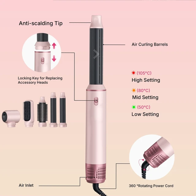 Alt view image 7 of 7 - 5-in-1 Hot Air Brush & Hair Dryer Styler Set | 5 Interchangeable Heads, Auto Air Curling Barrels, Volumizing Round Brush, Anti-Frizz Smoothing Comb, ALCI Safety Plug 110V