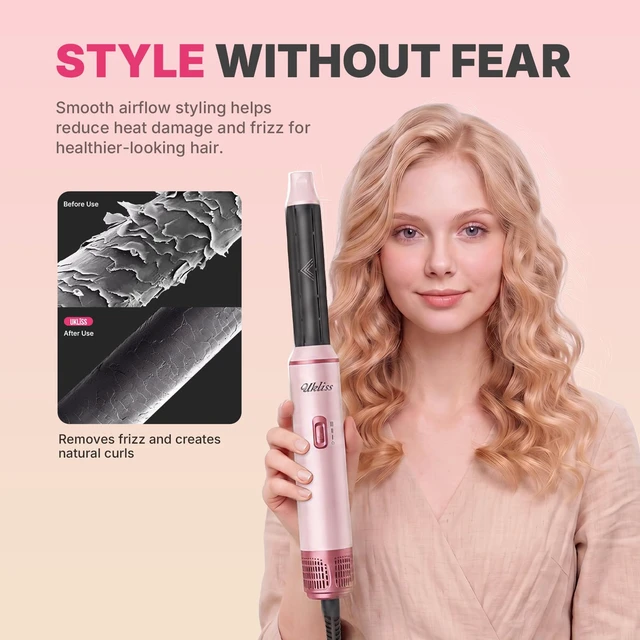 Alt view image 4 of 7 - 5-in-1 Hot Air Brush & Hair Dryer Styler Set | 5 Interchangeable Heads, Auto Air Curling Barrels, Volumizing Round Brush, Anti-Frizz Smoothing Comb, ALCI Safety Plug 110V