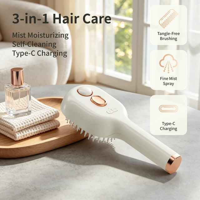 Alt view image 3 of 7 - Electric Spray Air Cushion Massage Comb, Rechargeable Self-Cleaning Detangler with Air Cushion Massage Can Add Essential Oils, Anti-Static Steam Brush for Dry, Frizzy, Curly & Thick Hair
