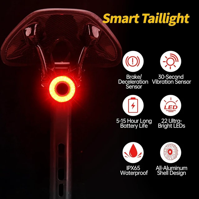 Alt view image 2 of 7 - Smart Bike Tail Light, Brake Sensing, Auto On/Off, Saddle & Seatpost Mount | Super Bright 22 LEDs Rear Bike Light, 5 Lighting Modes, USB C Rechargeable Bicycle Taillight, IP65 Waterproof