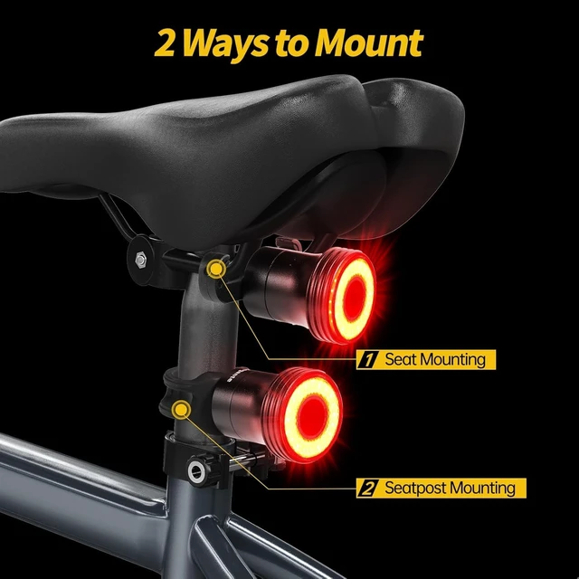 Alt view image 7 of 7 - Smart Bike Tail Light, Brake Sensing, Auto On/Off, Saddle & Seatpost Mount | Super Bright 22 LEDs Rear Bike Light, 5 Lighting Modes, USB C Rechargeable Bicycle Taillight, IP65 Waterproof