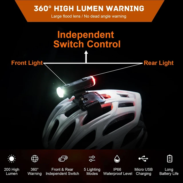 Alt view image 2 of 7 - 2in 1 Rechargeable Helmet Light with Bracket Mount Night Bike Light Riding Safety 5 Warning Light Modes IP66 Waterproof Bicycle Light, 360° Rotatable Front Rear Lights, Mountain Bike Headlight
