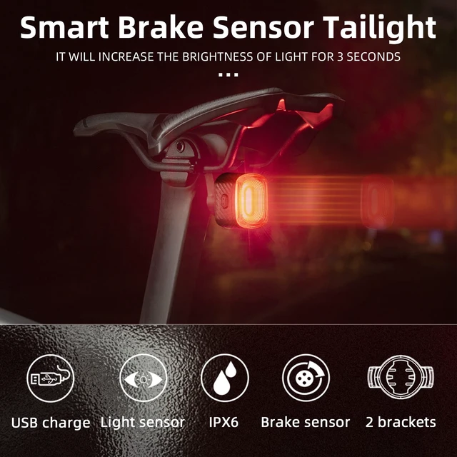 Alt view image 2 of 6 - Smart Bike Tail Light Brake Sensing USB Rechargeable Rear Light | Smart Brake Sensing Rear Light Automatically Brightens When Slowing Down, with 4 Modes, USB Charging and IPX6 Waterproof