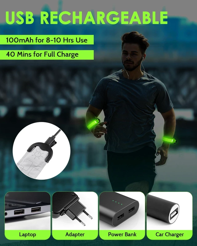 Alt view image 4 of 7 - Rechargeable LED Armband 2-Pack, High Visibility Running Gear for Night Safety, 5 Colors & 3 Modes Light Up Wristbands for Night Walking, Cycling, Running Gift for Women Men KidsWhite