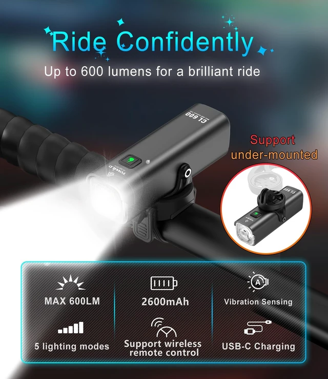 Alt view image 2 of 7 - CL600 Bike Lights for Night Riding,Compatible with Garmin/GoPro Mount,600 Lumen Bike Headlight,2600mAh Rechargeable Battery,Waterproof Bike Front Light for Commuter Cyclists-Fits All Bikes
